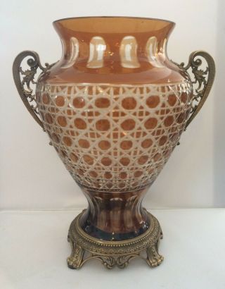 Large Antique Victorian Bohemian Cut To Clear Amber Glass Vase Bronze Ormolu