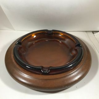 Vintage Amber Glass 8” Cigar Ashtray With 10 - 1/4” Wooden Holder