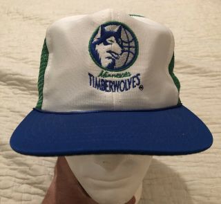 Vintage 90s Minnesota Timberwolves Logo Blue White Trucker Cap Hat Green Mesh