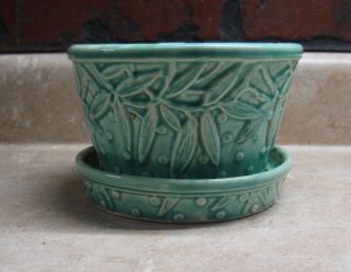 Vintage Mc Coy Pottery Planter With Saucer With Green Glaze Surface