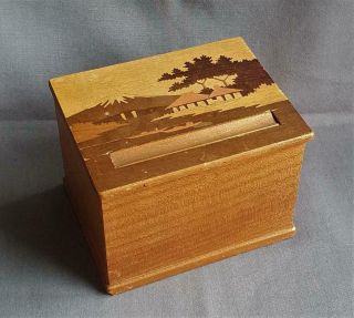 Small Vintage Wooden Lift Up Cigarette Dispenser Box Japanese Design Mount Fuji