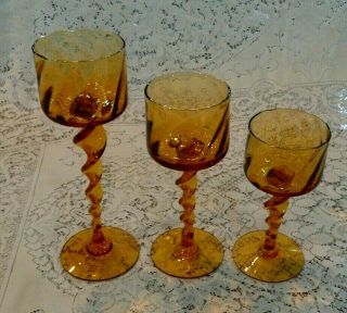 Vintage 3 Pc Amber Glass Twisted Swirl Stem Goblet Candle Holders