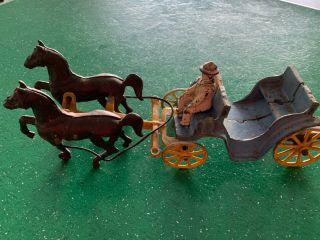 Vintage Cast Iron Horse Drawn Buggy With Driver Old Usa Cast Toy Antique
