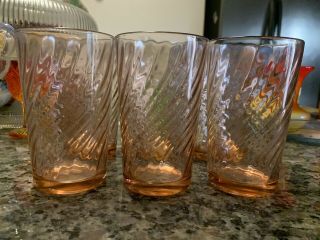 6 Vintage Pink Spiral Optic Depression Glasses 4 - 1/2” Tall