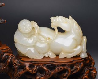 Chinese Antique Qing Dynasty Hand - Carved White Jade Character And Horse Statues