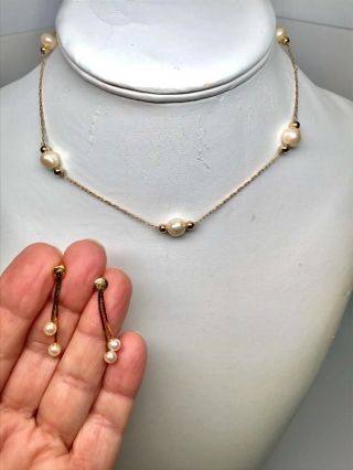 Vintage Signed Crown Trifari Gold Tone Chain With Pearls,  Necklace And Earrings.