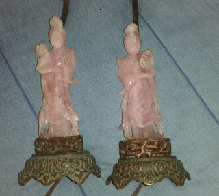 Antique Pair Chinese Carved Rose Quartz Kwan Yin Statue Lamps