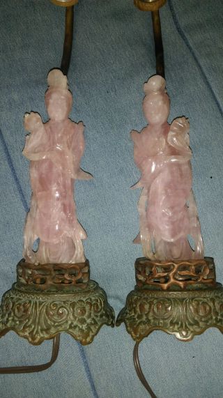 Antique Pair Chinese Carved Rose Quartz Kwan Yin Statue Lamps 2