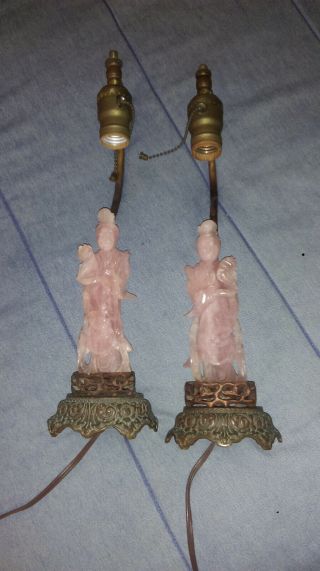 Antique Pair Chinese Carved Rose Quartz Kwan Yin Statue Lamps 3