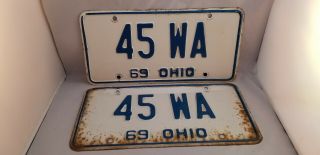 Vintage 1969 Ohio License Plate Set Pair 45 - Wa,  Muscle Car Rat Rod,  4 Digit