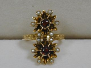Stunning Victorian Antique Double Garnet & Seed Pearl Starburst Ring Size 6.  5