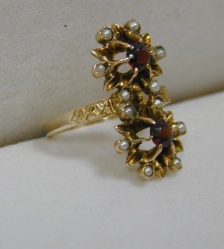 STUNNING VICTORIAN ANTIQUE DOUBLE GARNET & SEED PEARL STARBURST RING SIZE 6.  5 2