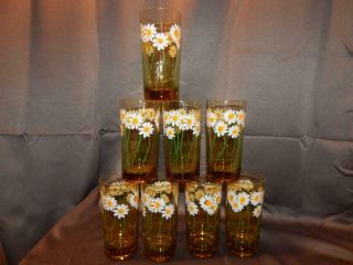 Vtg Amber 12 Oz Drinking Glasses Set Of 8 White & Yellow Long Stem Daisy Collect