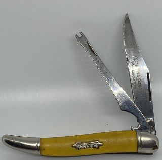 Vintage Imperial Ireland Yellow Handle Two Blade Folding Fish Knife W/ Scaler