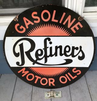 Antique Vintage 30” 2 Sided Refiners Gasoline & Oil Gas Station Porcelain Sign