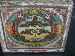 Antique Vintage Ying Mee Tea Box With Tea In Bundles,  Advertising Tin