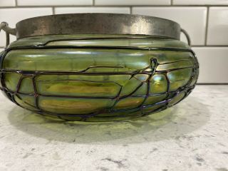Antique Pallme Konig Bohemian Threaded Iridescent Green Glass Bowl Spoon Fork 2