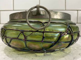 Antique Pallme Konig Bohemian Threaded Iridescent Green Glass Bowl Spoon Fork 3