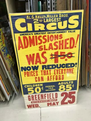 Vintage Al G Kelly Miller Bros.  Circus Poster 21 " X 34 " Price Slashed Greenfield