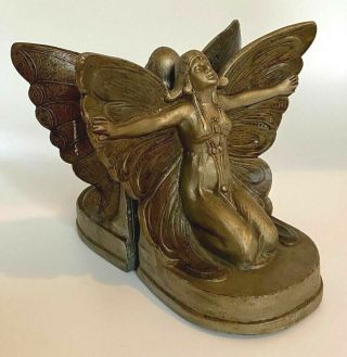 Vintage Antique Art Nouveau Woman Butterfly Wings Bookends Book Ends Cast Metal