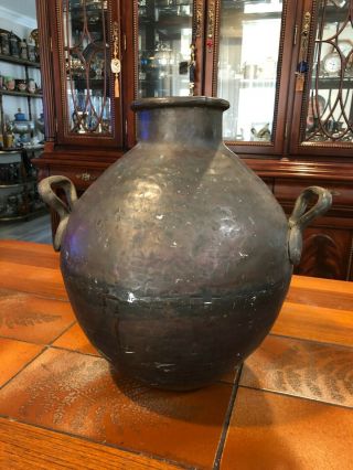 Antique Copper Hand Hammered Egyptian Large Water,  Wine Or Oil Jug,  16 " T,  15 " W