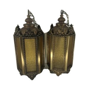 Vintage Church Hanging Pendant Lights With Amber Glass Panels Emblem