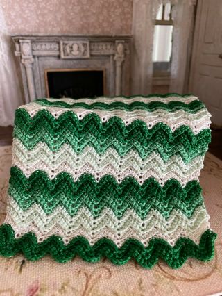 Vintage Miniature Dollhouse Artisan Crochet Green White Afgan Throw Blanket Ooak