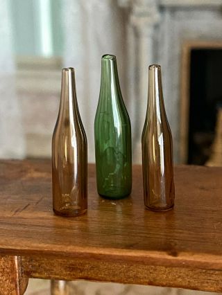 Vintage Miniature Dollhouse Artisan Hand Blown Glass 3 Wine Bottles Brown Green