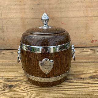 Vintage Ryecraft Wooden Ceramic Ice Bucket Tobacco Barrel Lion Head Handles 1953