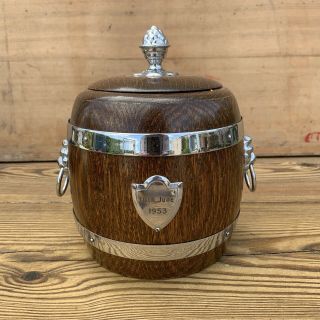 Vintage Ryecraft Wooden Ceramic Ice Bucket Tobacco Barrel Lion Head Handles 1953 3