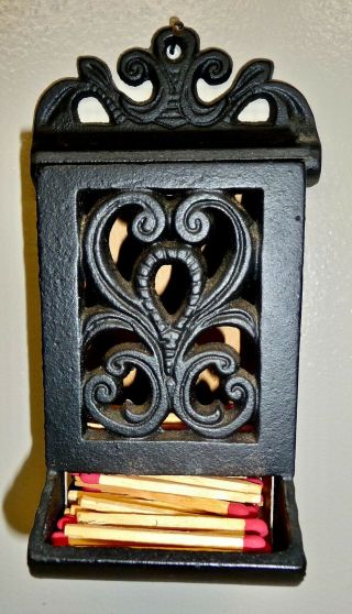 Farmhouse Antique Black Cast Wrought Iron Match Box Holder Wall Mount -
