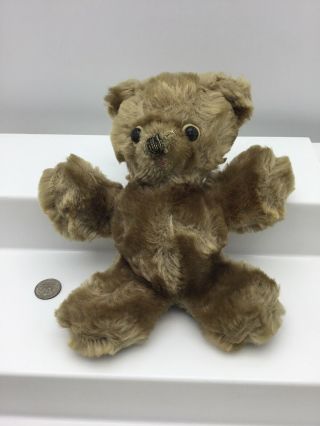Small 7” Antique Mohair Teddy Bear Button Eyes Light Brown Plush
