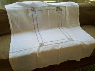 Vintage Hand Embroidered White Linen Lace Table Cloth 51 X 62.