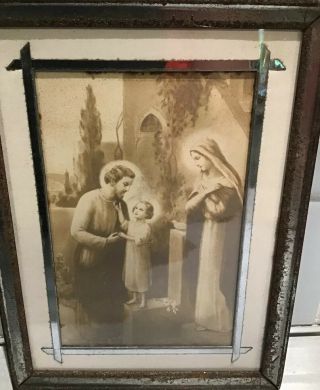 Antique/vtg Religious Baby Jesus,  Mary,  Joseph - Framed Sepia Print Post Card