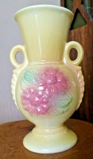 Vintage Hull Usa Art Pottery Mcm Sunglow Vase 8 94 Soft Yellow W/ Pink & Green