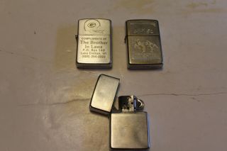 3 Vintage Zippo Lighters 2 Sided Camel (1),  Packers Gift (no Wick),  Unmarked