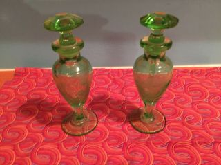 2 Vintage Green Glass Perfume Bottles,  Etched Glass Roses One Dauber Intact