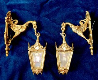 Pair French Antique Bronze/ Brass Sconces,  Lanterns: Dragons,  Griffons,  Chimeras
