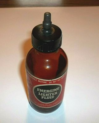 Vintage Amber Glass Energine Lighter Fluid Bottle With Cap Spout And Label