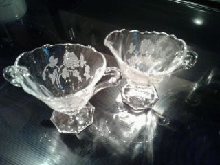 Vintage Heisey Glass Sugar And Creamer Set With Etched Rose Design