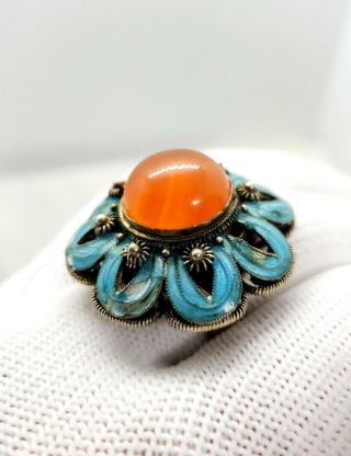 Vintage Sterling Silver Enameled Carnelian Dome Stone Ring Adjustable Read