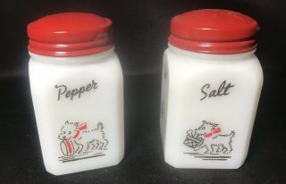 Depression Vintage Milk Glass Salt And Pepper Shakers With Adorable Dog Print