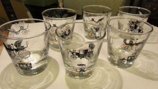 6 Vintage Libby Black & Gold Horseless Carriage Antique Cars Bar Rock Glasses