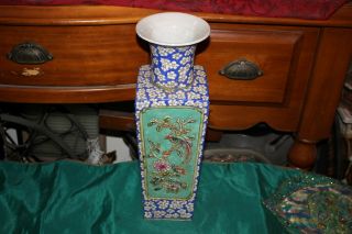 Quality Chinese Porcelain Pottery Vase Raised Birds Flowers Marked 4 Sided Tall