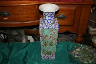 Quality Chinese Porcelain Pottery Vase Raised Birds Flowers Marked 4 Sided Tall 2