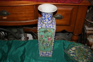 Quality Chinese Porcelain Pottery Vase Raised Birds Flowers Marked 4 Sided Tall 3