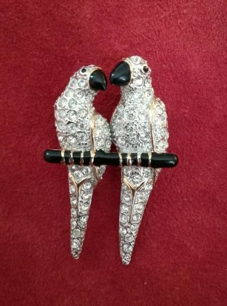Vintage Roman Signed Live Birds Couple Duette Parrots Gold Tone/enamel/crystals