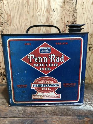 Rare Antique Penn Rad 1 Gallon Motor Oil Can Short Slim Skinny Tin Advertising