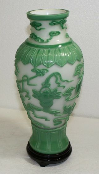 Chinese Peking Glass Green And White Vase With Symbolic Motif