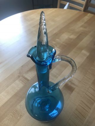 Vintage Empoli Italian Art Glass Peacock Blue Wine Decanter - Mcm - 1960 